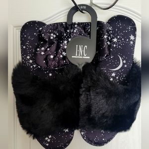 Slippers by I.N.C. plus bonus eye mask. NWT size LG. 9/10. Black fur & stars